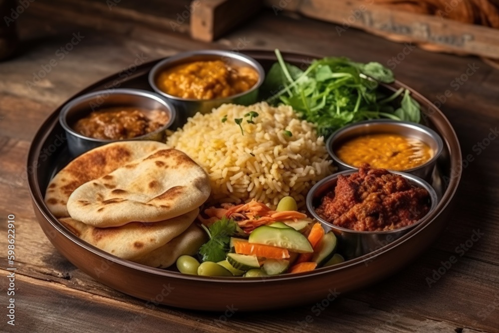 Indian combo thali with paneer masala,dal, rice, with salad Indian combo thali with paneer masala,dal, rice, with salad