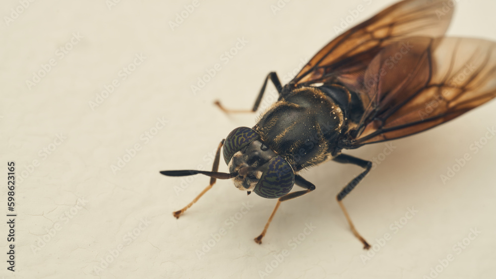 Obraz premium Details of a Soldier Fly perched on a white surface. Hermetia illucens