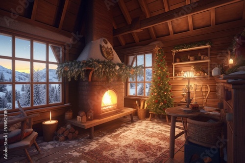 Illustration of a cozy winter cabin with fireplace. Generative AI