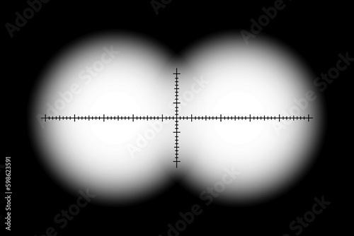 View in binoculars. Frames for military, hunting or tourism binoculars. Two circles with transparency fields. Measurement scale in the center. Vector illustration. Generative AI
