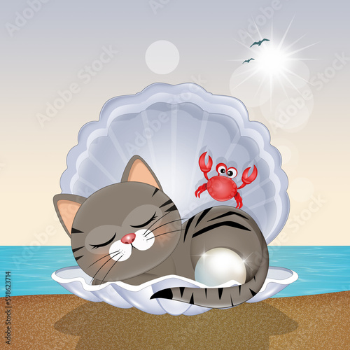 illustration of the kitten in the seashell on the beach