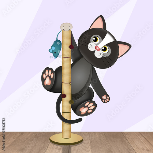 illustration of kitten playing with scratching post