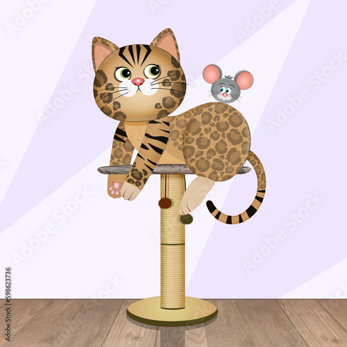 illustration of bengal cat on the scratching post