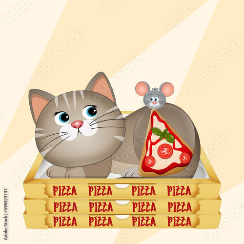 illustration of kitten eating pizza cartoon
