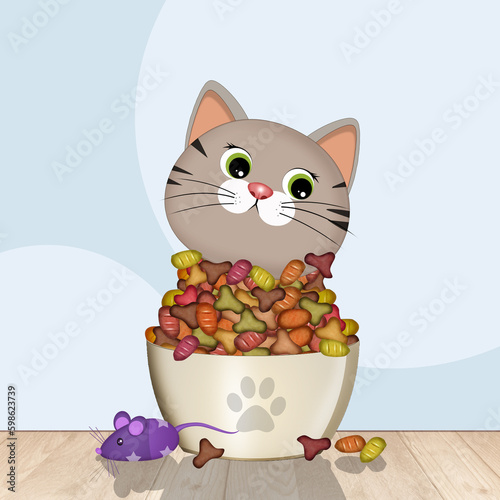 funny illustration of cat eating kibble