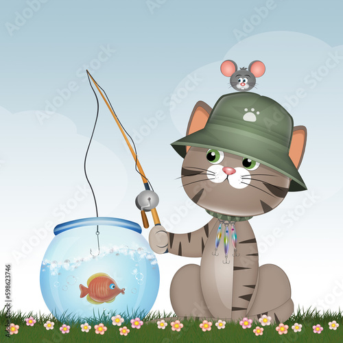 illustration of the kitten catching the little fish