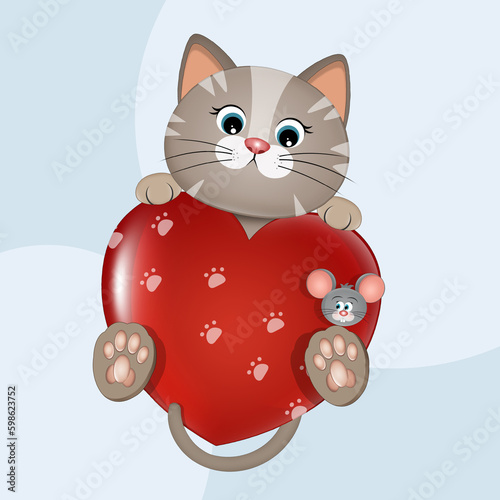 funny illustration of cat on heart