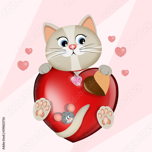 illustration of cat on heart love biscuit
