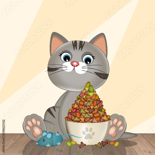funny illustration of kitten eating kibble