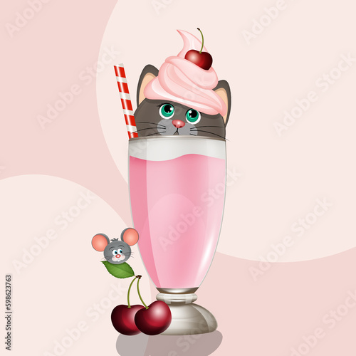 illustration of kitten in strawberry milkshake