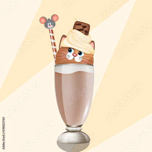 illustration of cat in chocolate milkshake