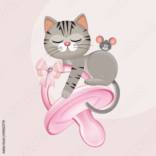 illustration of cat on pink pacifier