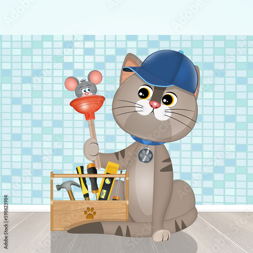 funny illustration of cat plumber