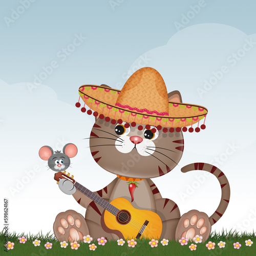 illustration of Mexican cat plays the guitar