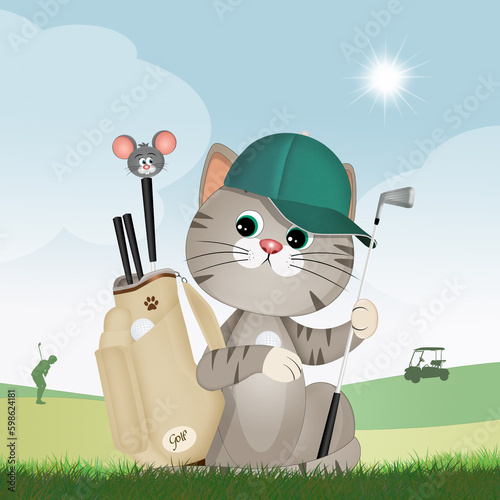 funny illustration of cat plays golf