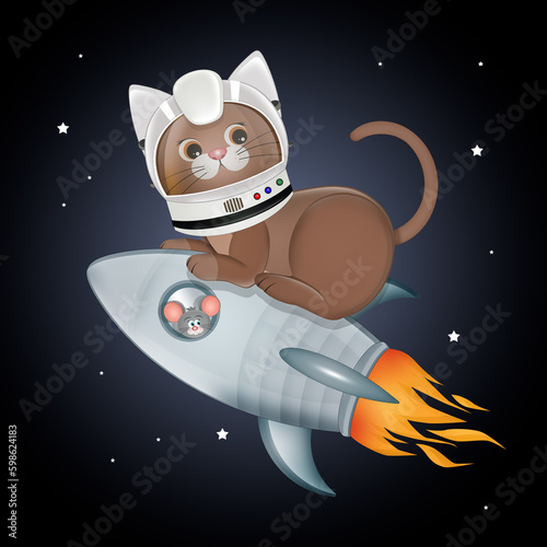 illustration of cat on missile in space