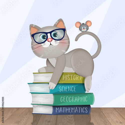 funny illustration of nerd cat on books