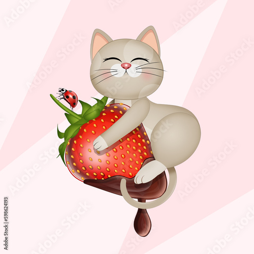 funny illustration of cat on chocolate strawberry