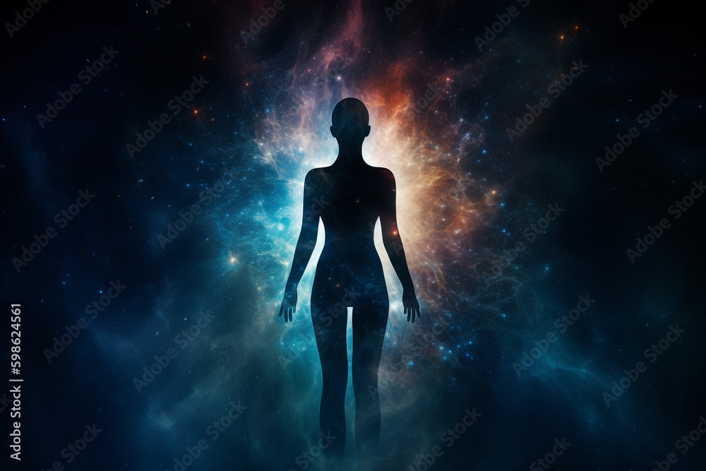 State of mind, meditation, esoteric and spiritual life. Woman dark silhouette in space background. Afterlife and connection with other worlds. Generative AI