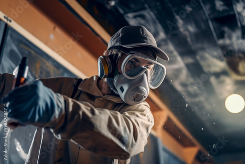 A professional house painter with a respirator mask painting the ceiling with a spray gun, wearing a white uniform - ai generative