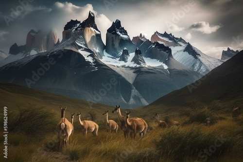 Guanacos herd with Paine towers in background  Torres del Paine National Park. Generative AI