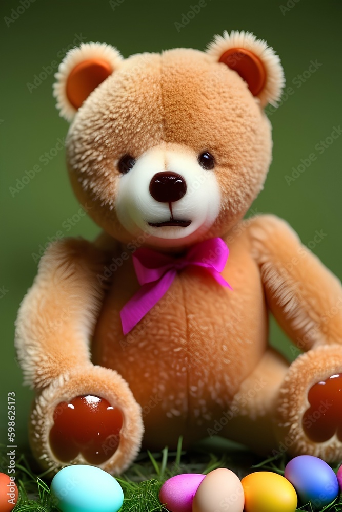 Cute teddy bear and its colorful eggs - generative ai Cute teddy bear and its colorful eggs - generative ai