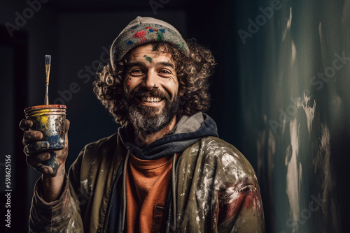 Smiling painter with paint-smeared clothes holding a can of paint and a brush in his hand - ai generative