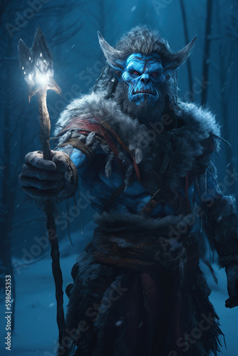 Brutal looking orc shaman. Goblin wizard in a snowy landscape. generative ai. Troll mage in the winter mountains