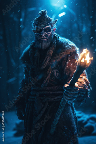 Brutal looking orc shaman. Goblin wizard in a snowy landscape. generative ai. Troll mage in the winter mountains