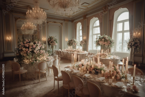 Elegant micro wedding in a grand ballroom with opulent chandeliers and classic floral arrangements