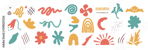 Trendy abstract element. Flower, line, dot, leaf, rainbow, circle. Simple form. Hand drawn doodle isolated on white background. For print, banner, paper. Set of  icons. vector art illustration.