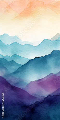 Watercolor background. Beautiful simple watercolor painting of mountains during dusk. generative ai. Watercolour background with beautiful cold hues © Aquir