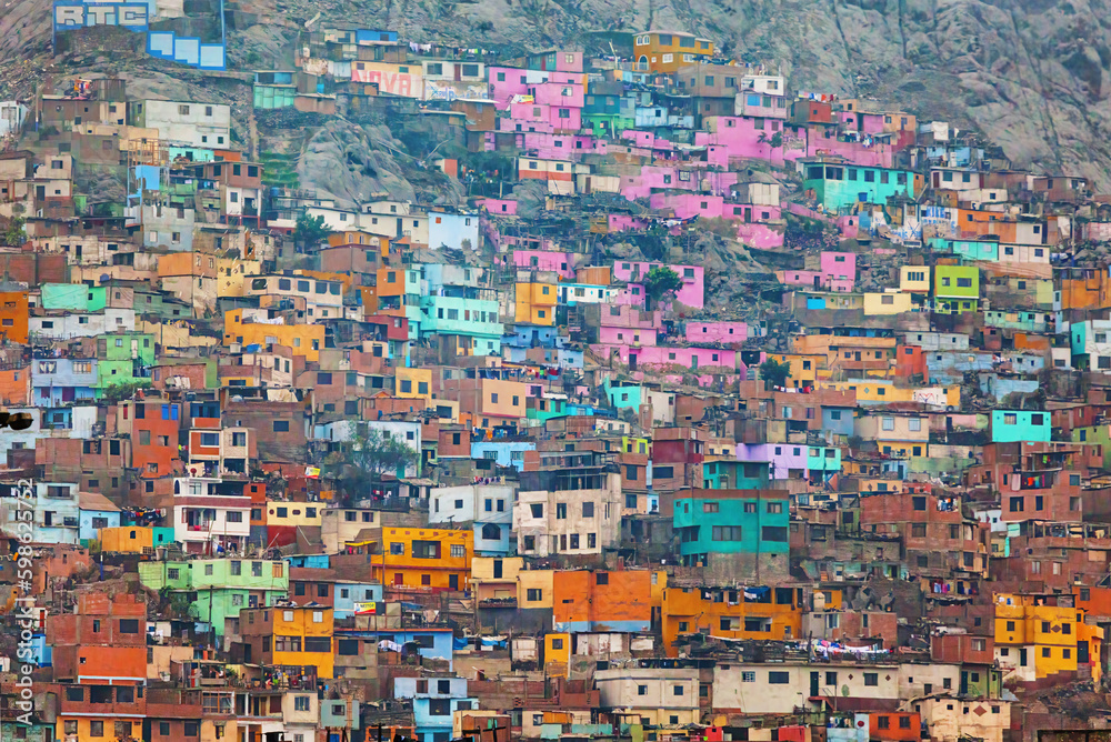 Colorful slums on the hill of San Cristobal in the center of Lima. Peru