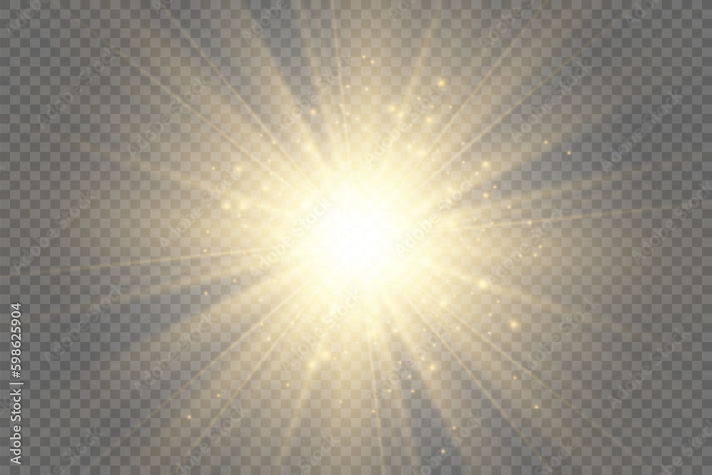 Special lens flash, light effect. The flash flashes rays and searchlight. illust.White glowing light. Beautiful star Light from the rays. The sun is backlit. Bright beautiful star. Sunlight. 
