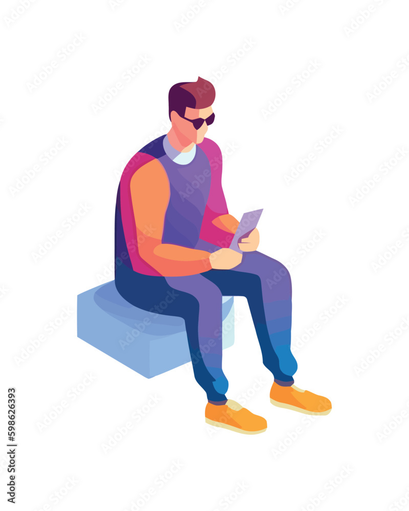 Smiling businessman sitting, reading text messages Generative AI Smiling businessman sitting, reading text messages Generative AI