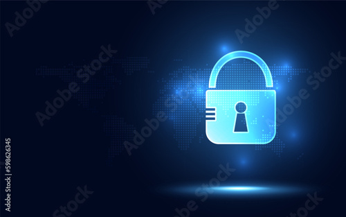 Cyber security padlock blue abstract digital transformation background. Decoding technology and Computer network protection concept. New futuristic system technology sign symbol. Vector illustration.