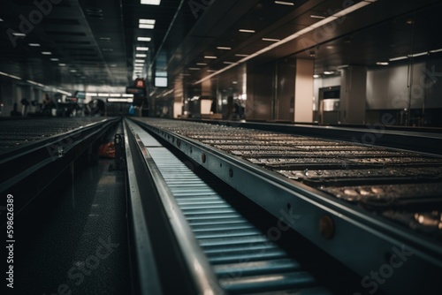 A long conveyor belt at the airport baggage claim with no items. Generative AI © Darian