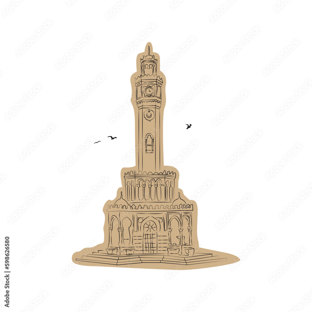 Obraz premium Historical clock tower located in Izmir, Turkey. Vector sketch illustration.