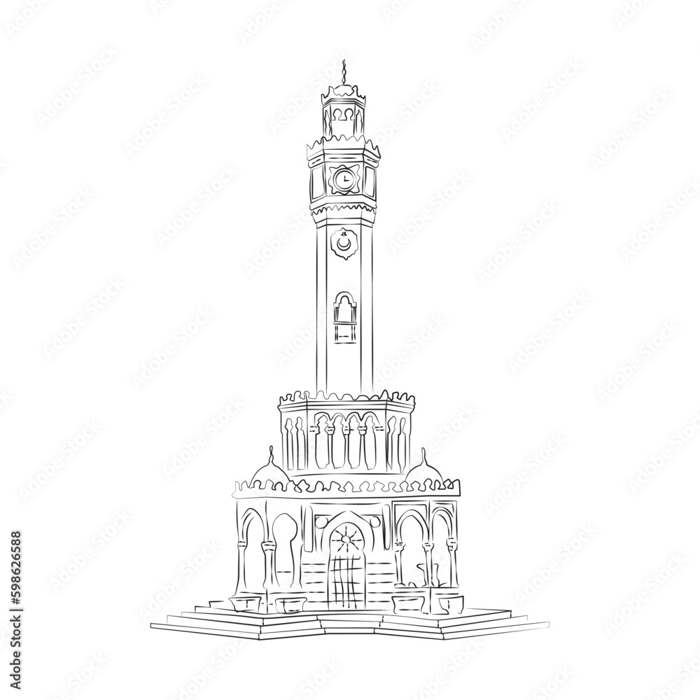 Obraz premium Historical clock tower located in Izmir, Turkey. Vector sketch illustration.