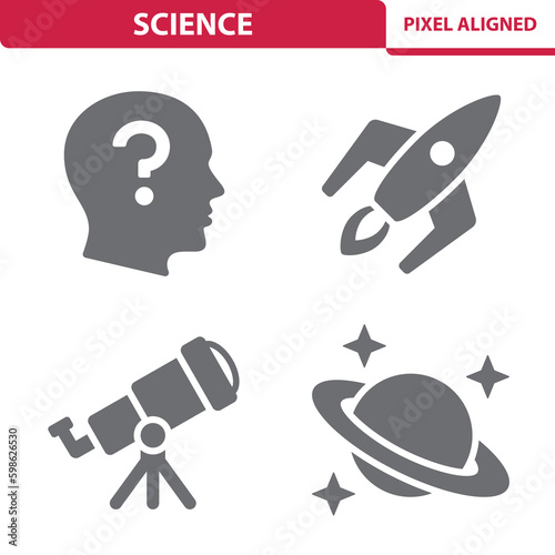 Science Icons. Knowledge, Space Ship, Telescope, Planet Vector Icon