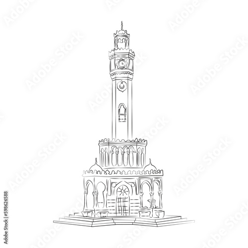 Historical clock tower located in Izmir, Turkey. Vector sketch illustration.
