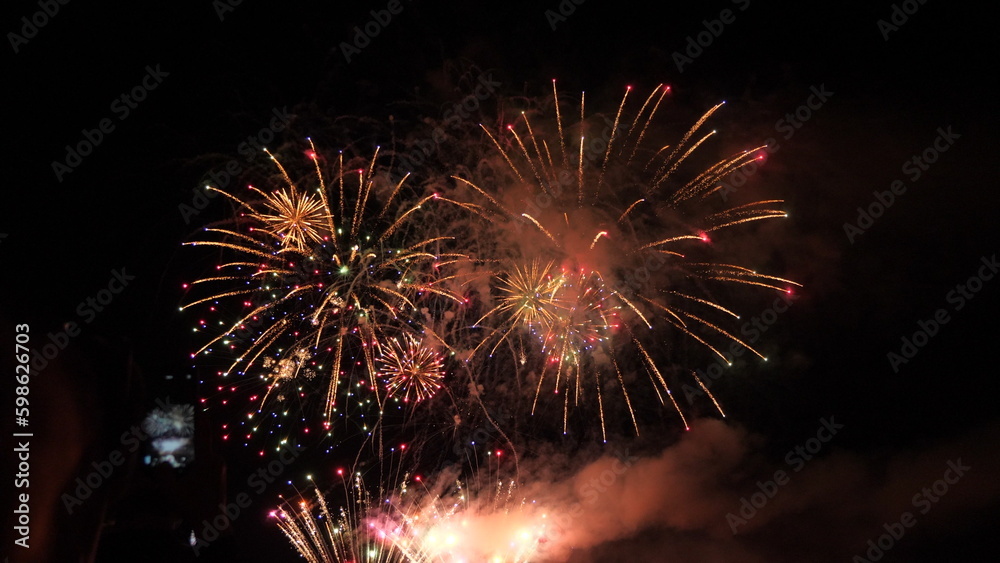 festive fireworks. 2023, 2024 christmas happy holiday. new year concept. calendar numbers. christmas 2023 celebration. birthday. holiday date. sky fireworks colorful. cheerful good holiday mood