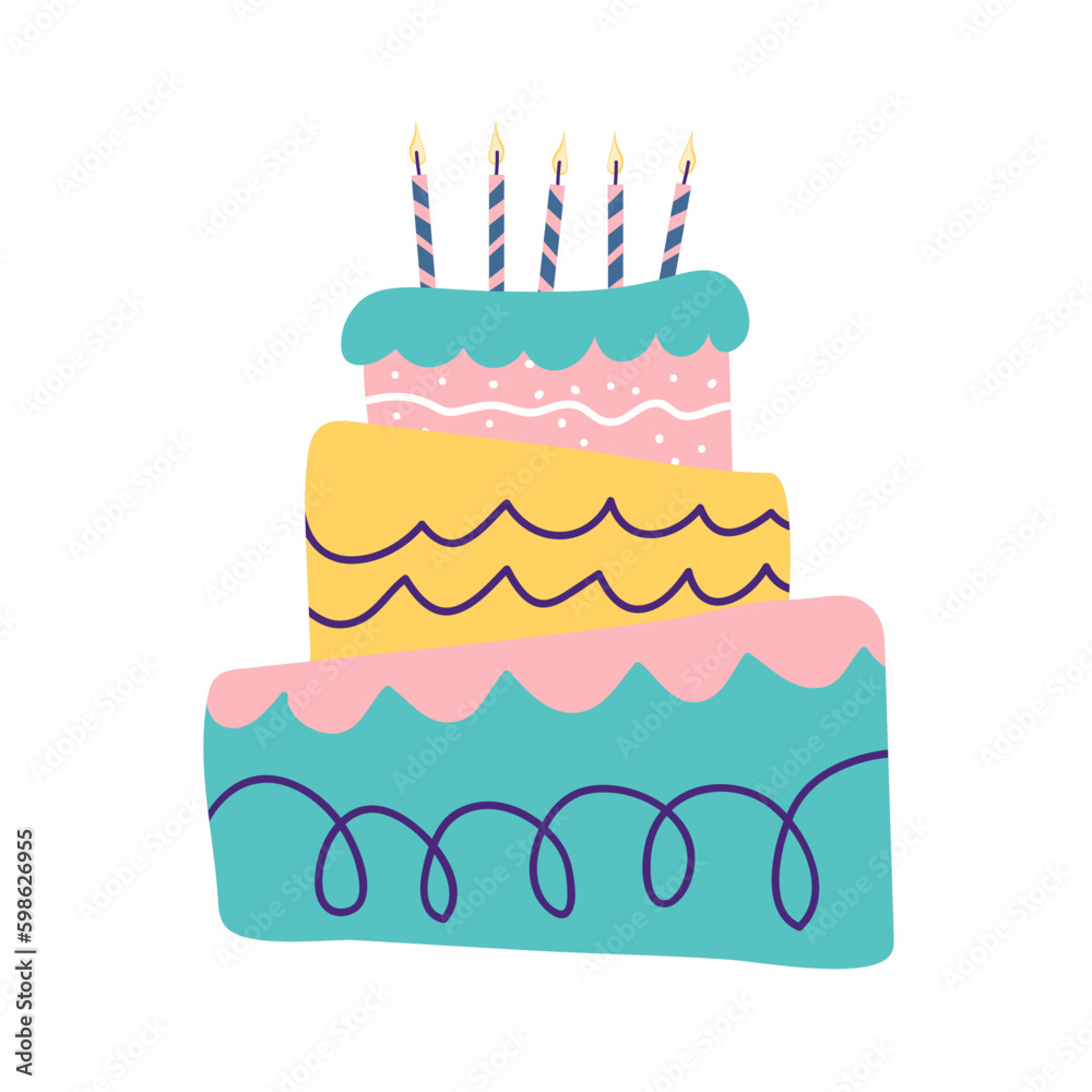 Birthday cake with candles. Hand drawn vector illustration for card, banner, t shirt EPS Birthday cake with candles. Hand drawn vector illustration for card, banner, t shirt EPS