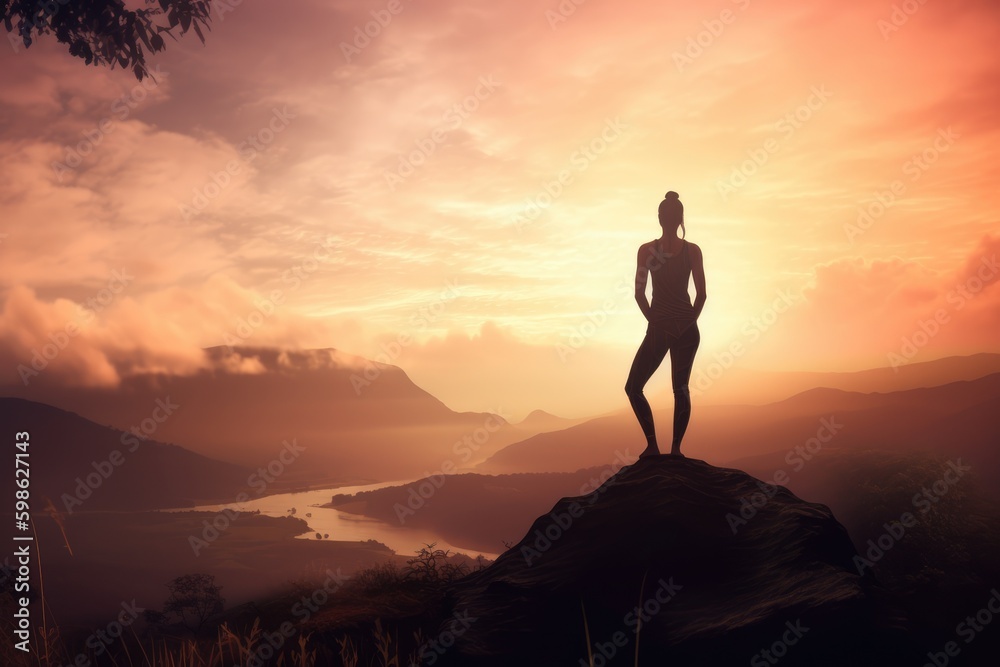Female in yoga pose against a sunset landscape