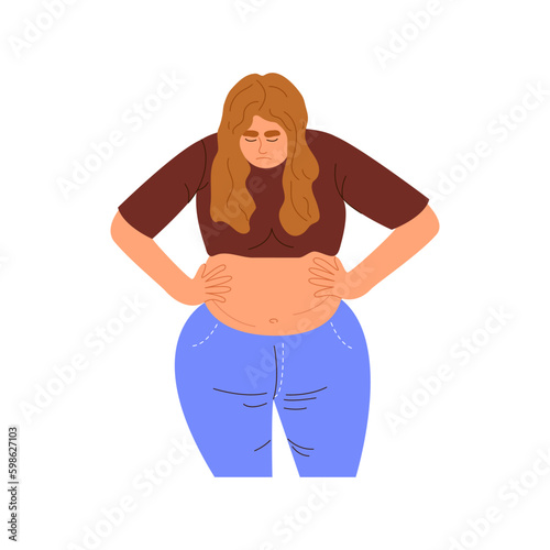 Young overweight woman looking on big fat belly. Sad chubby girl touching her full tummy. Obese person. Flat vector illustration isolated on white background