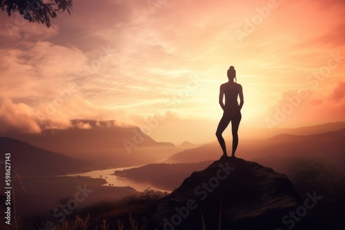 Female in yoga pose against a sunset landscape