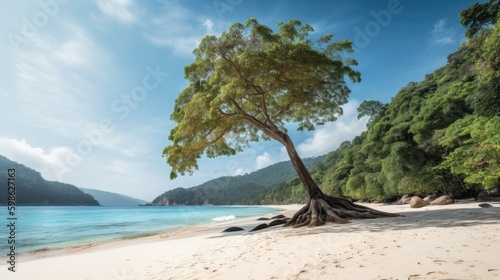 A beach with a palm tree and a blue sky © Tymofii
