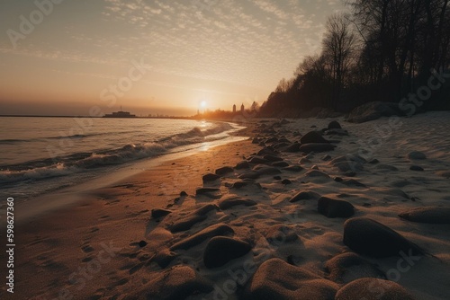 A beautiful winter sunrise at a Baltic Sea beach in Babie Doly, Gdynia, Poland. Generative AI photo