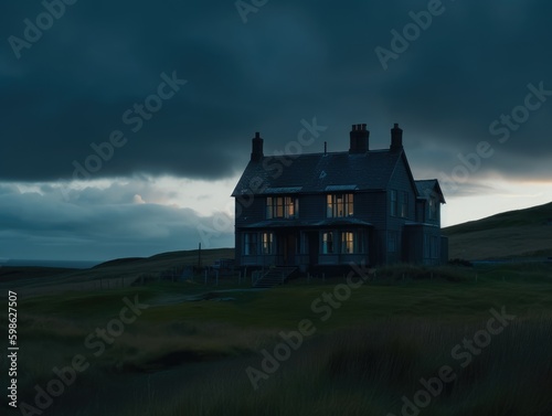 A house on a hill with a dark sky