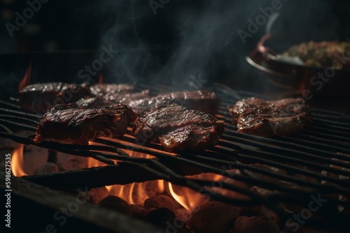 Meat cooking on the grill. Generative AI